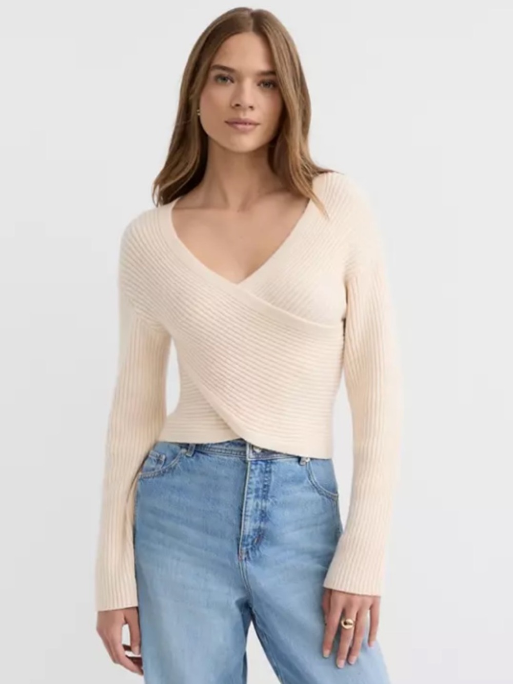 LOFT Cream Ribbed Wrap V-Neck Sweater